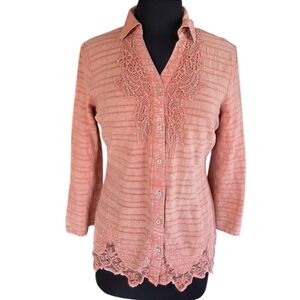 Reba Western Boho Chic Peach Orange Button Down Shirt with Lace Detail